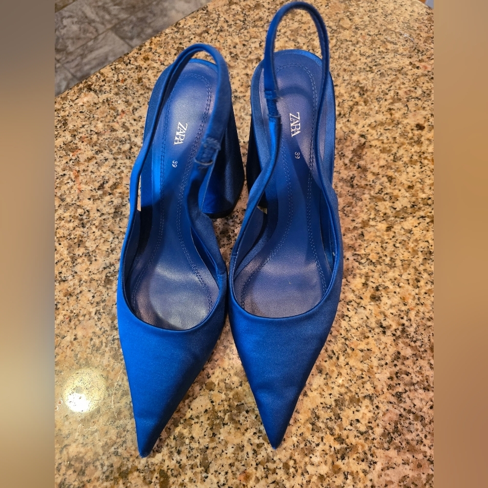 Zara Satin Pointed-Toe Slingback Heels in Royal Blue - Picture 2 of 6